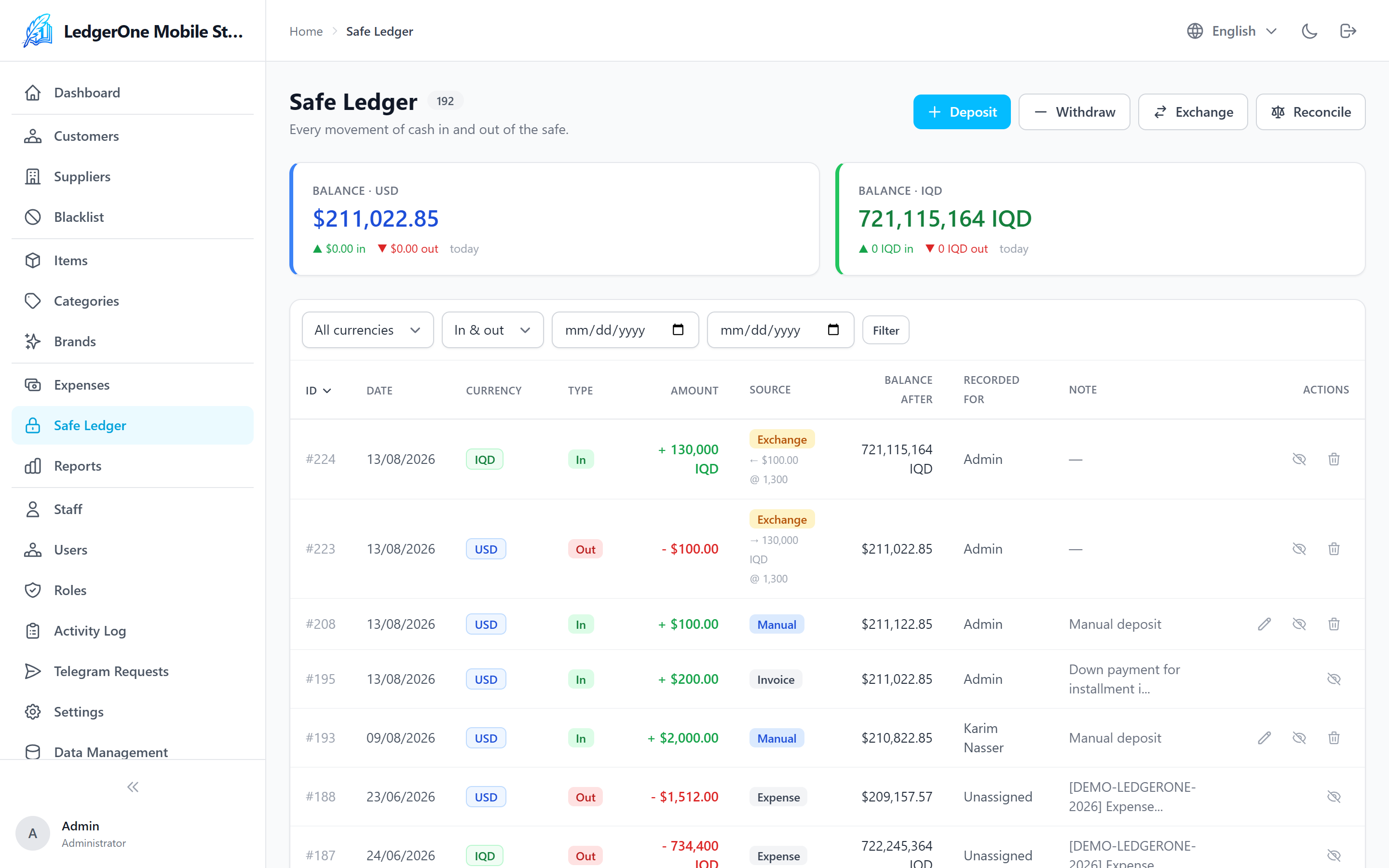 Dual-currency cash safe ledger