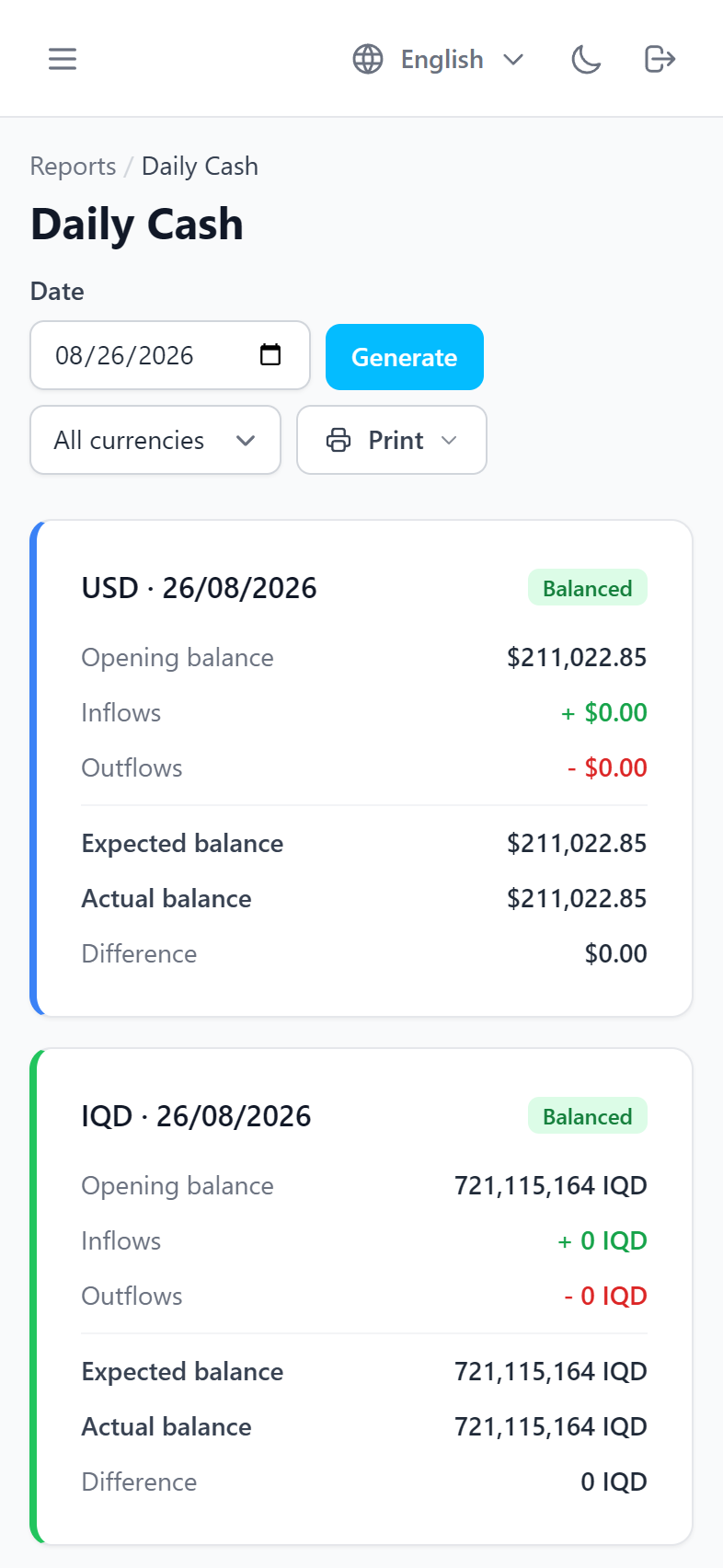 Daily cash summary on mobile